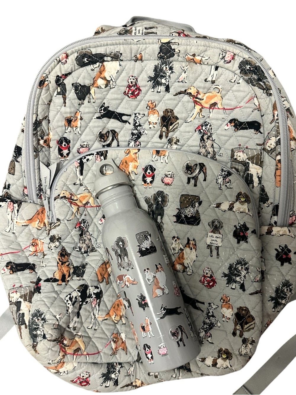 Vera Bradley Quilted Dog Print Backpack in Light Gray + matching water bottle